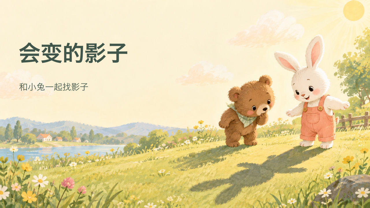 大班科学活动《会变的影子》课件封面，小兔和小熊一起观察影子